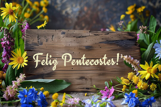 Pr&oacute;prio para o Pentecostes: uma placa de madeira com a inscri&ccedil;&atilde;o "Feliz Pentecostes!" sobre uma mesa de madeira, rodeada de flores. 
