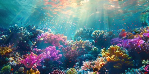 Naklejka na ściany i meble The vibrant, rough texture of a coral reef, captured underwater with the sunlight through the ocean surface. Highlights the diverse ecosystem and structure created with Generative AI Technology