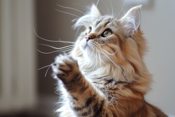 Playful Maine Coon Cat with Fluffy Fur Waving Paw in Sunlit Home Interior, Purebred Feline Pet...