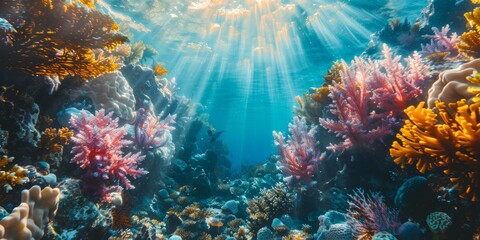 The vibrant, rough texture of a coral reef, captured underwater with the sunlight through the ocean surface. Highlights the diverse ecosystem and structure created with Generative AI Technology - obrazy, fototapety, plakaty