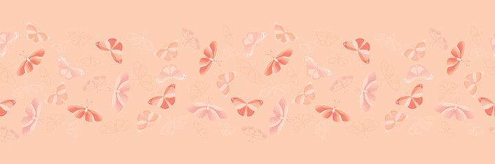 Butterfly seamless border with peach fuzz color. Nice endless border  for home decor, interior design, womans clothes, underwear, card or other using. Vector illustration. Not AI created.