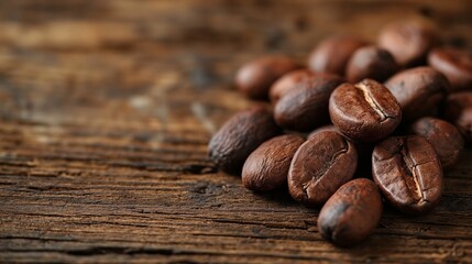Cacao beans placed on wooden surface - obrazy, fototapety, plakaty