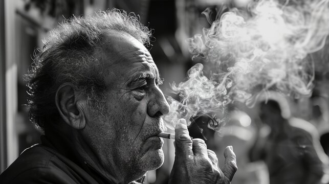 A man smokes a cigarette in the street