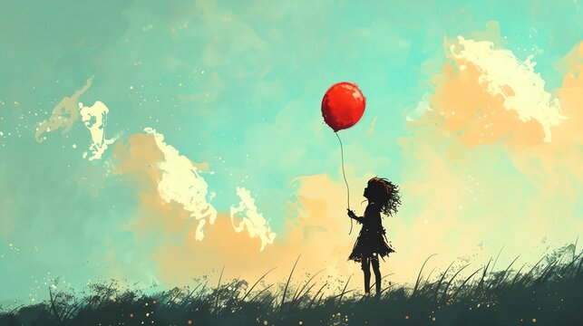 a painting of a girl holding a red balloon in the sky with clouds in the background