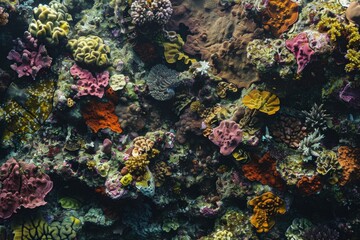 Naklejka na ściany i meble The vibrant, rough texture of a coral reef, captured underwater with the sunlight through the ocean surface. Highlights the diverse ecosystem and structure created with Generative AI Technology