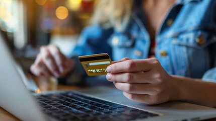 womans hand holding a credit card to make a purchase online with laptop