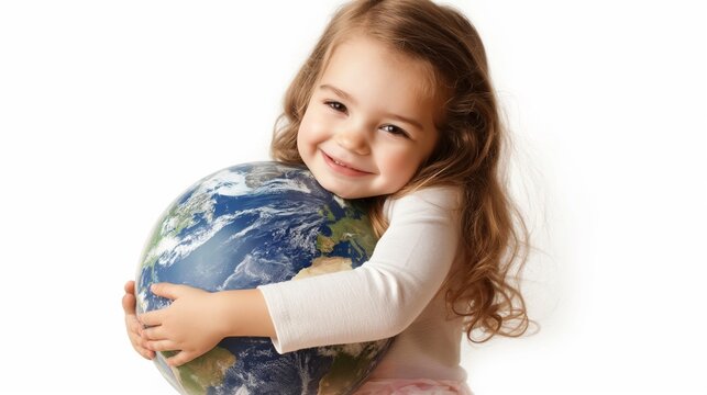 cute little girl hugging globe, adorable girl hugging the earth planet isolated on white background. save the earth, the Earth Day concept.