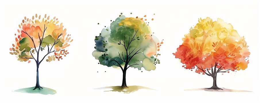 set of three cute cartoon watercolor trees isolated on white background, for watercolor illustration cards, autumn colorful trees.