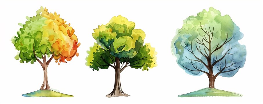 set of three cute cartoon watercolor trees isolated on white background, for watercolor illustration cards, autumn colorful trees.