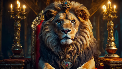 Fototapeta na wymiar majestic lion with a crown on a throne