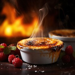 burning Creme brulee on wooden background.