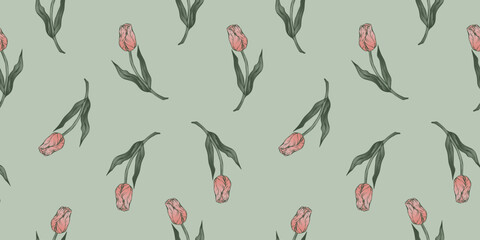 Seamless pattern with hand drawn flower of tulips. Perfect for wallpaper, wrapping paper, textile products, print, web sites, background, social media, blog, presentation and greeting cards.