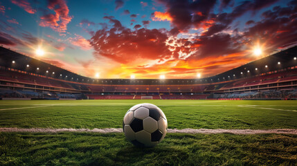 An empty professional soccer stadium from a low wide angle with a soccer ball centered in the...