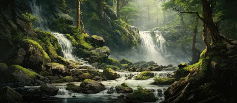 Tranquil scenery of a cascading waterfall in a green forest setting, surrounded by mossy rocks and vibrant foliage