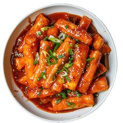 original traditional korean food tteokbokki with red sauce and celery as topping