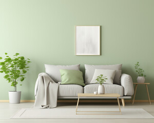 Stylish living room interior with white sofa green pillows plants and wooden table