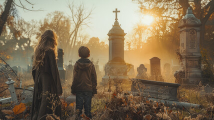 Grieving duo at cemetery plot,generative ai
