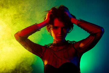 Photo of woman look feel desire touch hands hairstyle isolated gradient colorful bright background