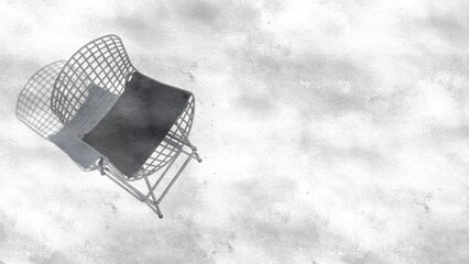 A white chair with a black cushion sits on a white wall