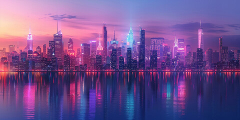 Nighttime Cityscape of New York City with Illuminated Skyscrapers and Buildings Reflecting in Water