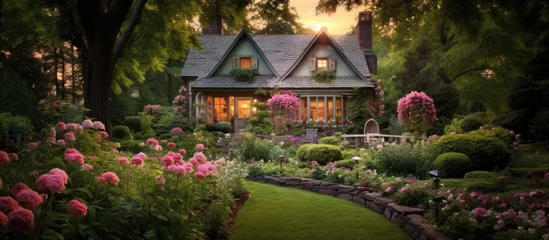 Fotobehang A charming house sits surrounded by a lush garden filled with vibrant blooms and colorful flowers blooming in the sunny day © pngking