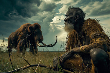 Prehistoric man, evolution science biology, man civilization, homo sapiens ape, stone era period, old hair wild nature, neanderthal, prehistory, monkey.