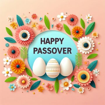 Happy Passover with flowers and eggs, flat-style vector illustration for social media ads template created with generative ai