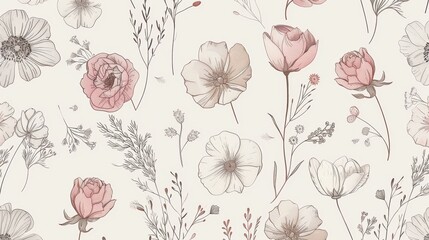 Fototapeta na wymiar A delicate floral pattern, with hand-drawn flowers and leaves scattered across a light, airy background, providing a feminine and romantic texture created with Generative AI Technology