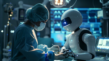 Robot assistant in hospital operation room. - obrazy, fototapety, plakaty