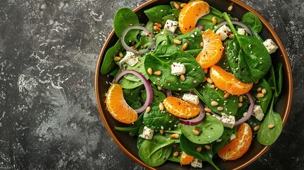 Fresh spinach salad with oranges, feta (ricotta) cheese, red onion and pine nuts