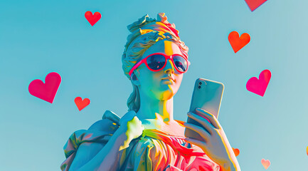 A painted sculpture of a girl in the ancient Greek pop art style with glasses, a girl holding a smartphone in her hands and looking at the screen, hearts flying around 16