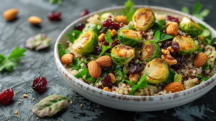 Gordijnen Fried brussels sprouts salad with quinoa, cranberries and nuts in a white bowl. © Vasiliy