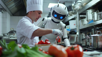 Chef with cooking robot assistant in restaurant future concept. - obrazy, fototapety, plakaty