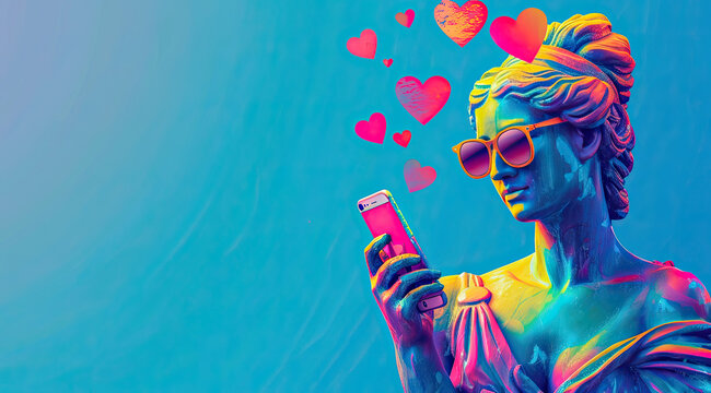 A painted sculpture of a girl in the ancient Greek pop art style with glasses, a girl holding a smartphone in her hands and looking at the screen, hearts flying around 6