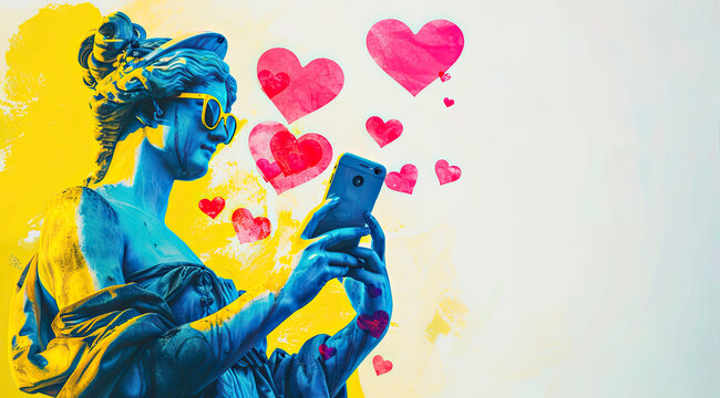 A painted sculpture of a girl in the ancient Greek pop art style with glasses, a girl holding a smartphone in her hands and looking at the screen, hearts flying around