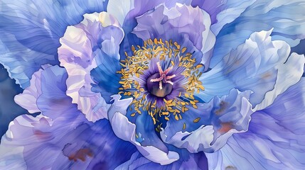 Paeonia suffruticosa, watercolor tree Peony close-up. Purple flower with blue veins and yellow...