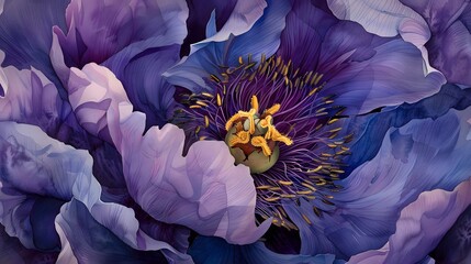 Paeonia suffruticosa, watercolor tree Peony close-up. Purple flower with blue veins and yellow...