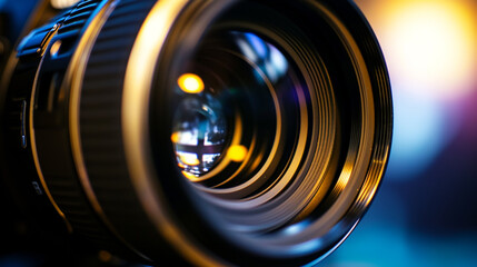 Camera lens with lense reflections. Generative Ai - obrazy, fototapety, plakaty
