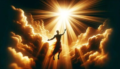 a human reaching out to touch divine light, enhancing the sense of a sacred and profound connection with God