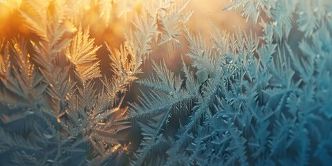 Intricate patterns of frost with the crystal structures forming abstract designs that are both geometric and organic, morning light casts a warm glow created with Generative AI Technology