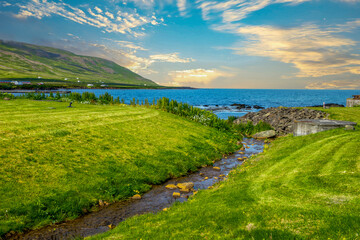 Fototapeta na wymiar Iceland, Borgarfjordur, natural green areas, stream flowing into the sea.