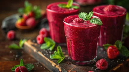 Poster Beautiful appetizer pink raspberries fruit smoothie or milk shake in glass jar with berries © Vasiliy