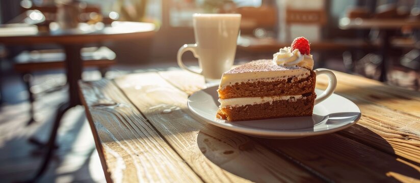 Coffee and cake on table at cafe in morning sunlight