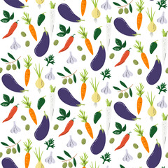 Eggplant and vegetables isolated on white. Eco organic seamless pattern print. Local farmer's market wrapping paper concept design. Escabeche recipe ingredients hand drawn flat vector illustration