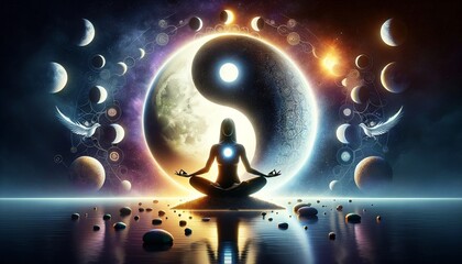 A woman is sitting in a lotus position in front of a large moon. The moon Yin-Yang is surrounded by a lot of stars and planets. The woman is in a peaceful and serene state