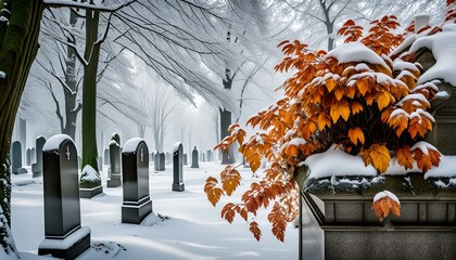 Winter Serenity: Snow-Covered Cemetery with Bush Adorned in Autumn Leaves
