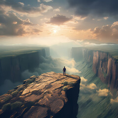 A lone figure standing on the edge of a cliff overseeing a canyon