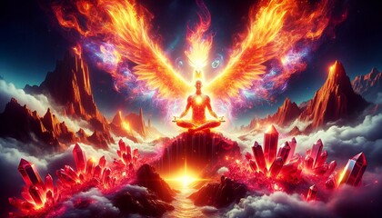 The meditating male, powerful scene with intensified glowing light, the giant fire Phoenix bird, the meditating male in mountains are covered in red Crystal healing