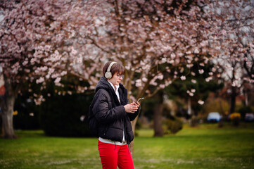 Engrossed in her smartphone and music, a young woman stands under the spring bloom of cherry blossoms, her headphones suggesting a moment of leisure and relaxation