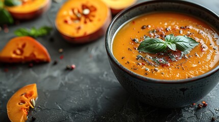 Pumpkin soup with thyme herb, cream and pumpkin seeds served in black bowl, top view